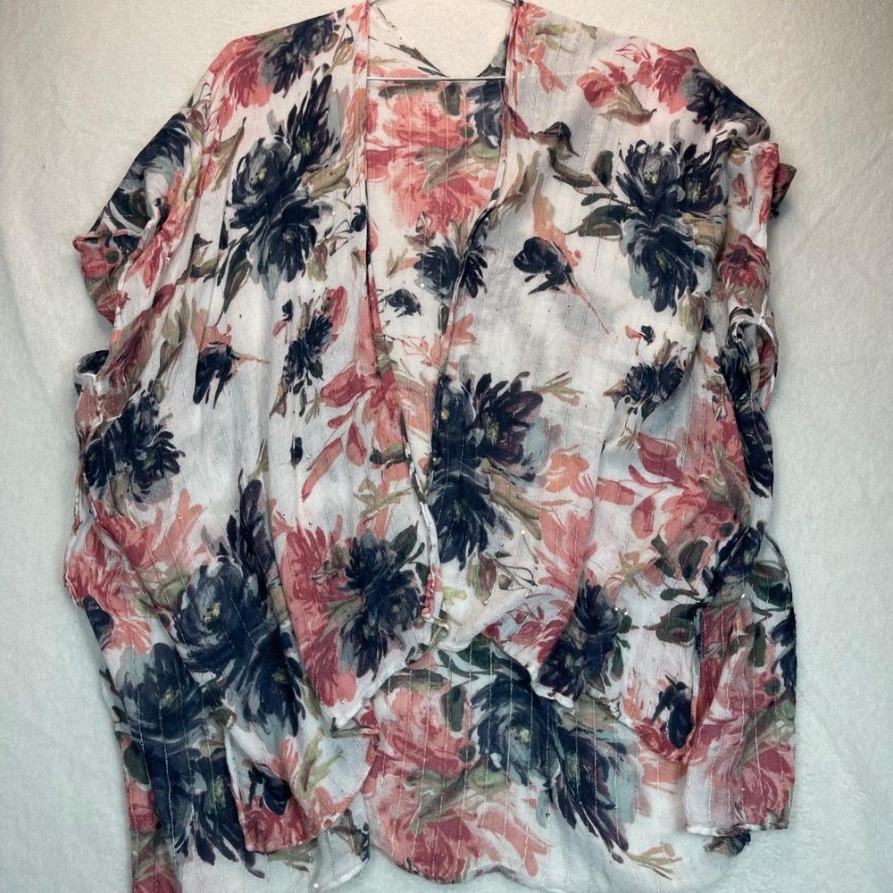 Floral Sheer Kimono Wrap Womens OS Boho Watercolor Quiet Rich Beach Resort Cover